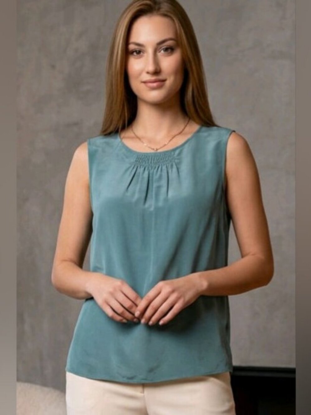 Talbots Sleeveless Pullover Blouse SZ 16P 100% Silk Dark Turquoise Pleated Chest